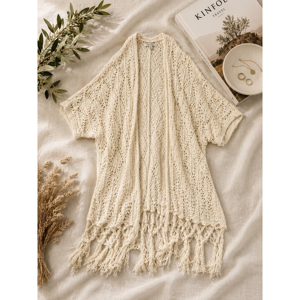 American‎ Eagle Cream Open Knit Fringe Cardigan Boho Short Sleeve XS/S